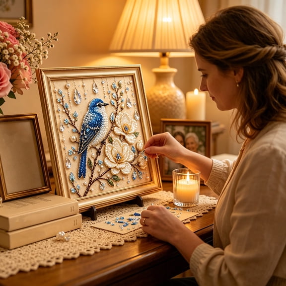 Yardvibe Bird Pearl Art DIY Kit, Elegant Bird & Flower Diamond Craft Kit, Pearl Diamond Art Supplies for Adult Beginners, Handmade Gift & Home Wall Decoration (E)