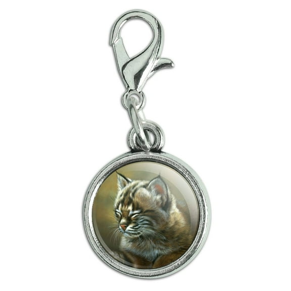 Baby Young Bobcat Kitten Antiqued Bracelet Pendant Zipper Pull Charm with Lobster Clasp