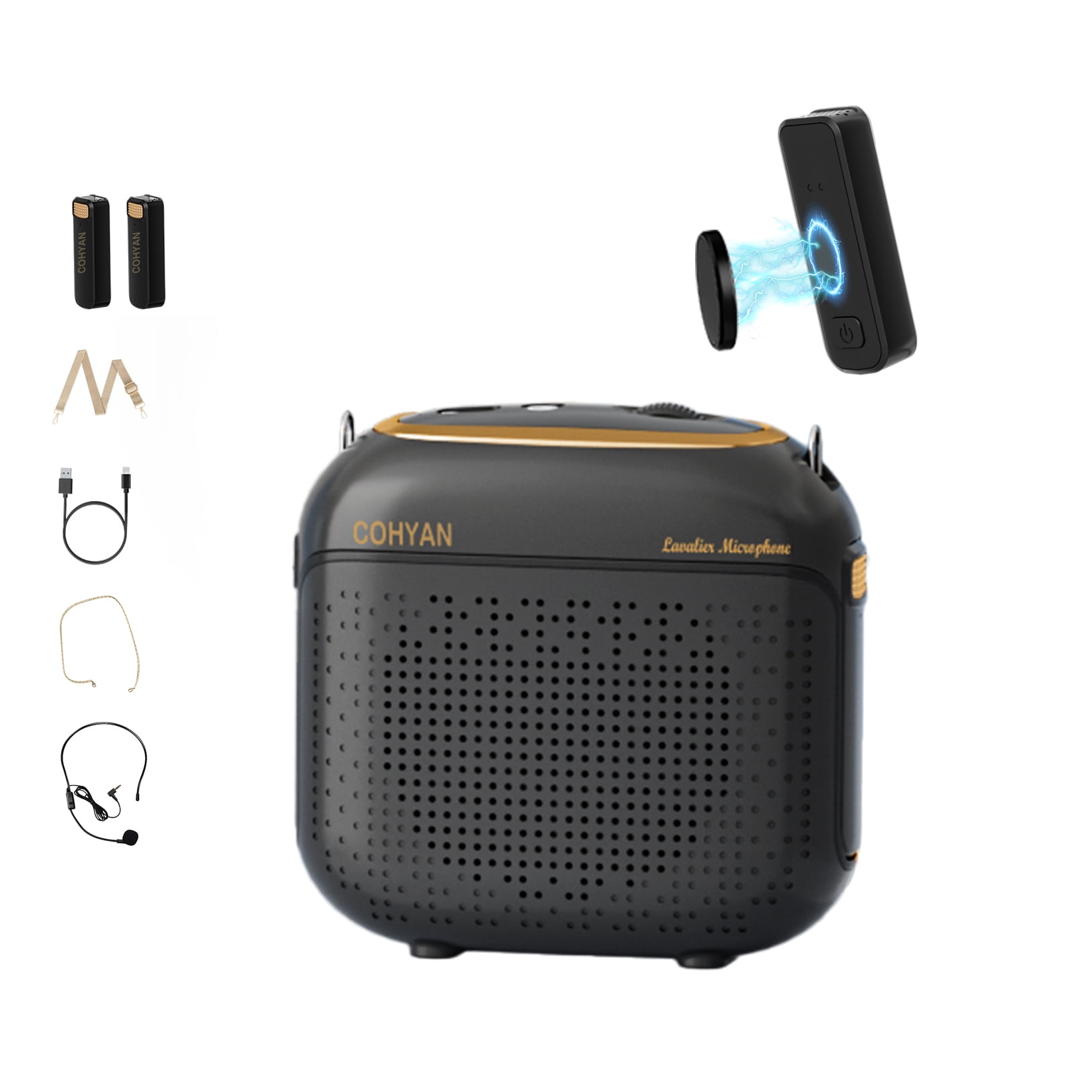 Cohyan Black Portable Voice Amplifier, Personal PA Speaker with 2 Wireless Lavalier Mics & 1 Wired Headset Mic for Teachers, Tour Guides, Yoga Instructors, Training Presentations