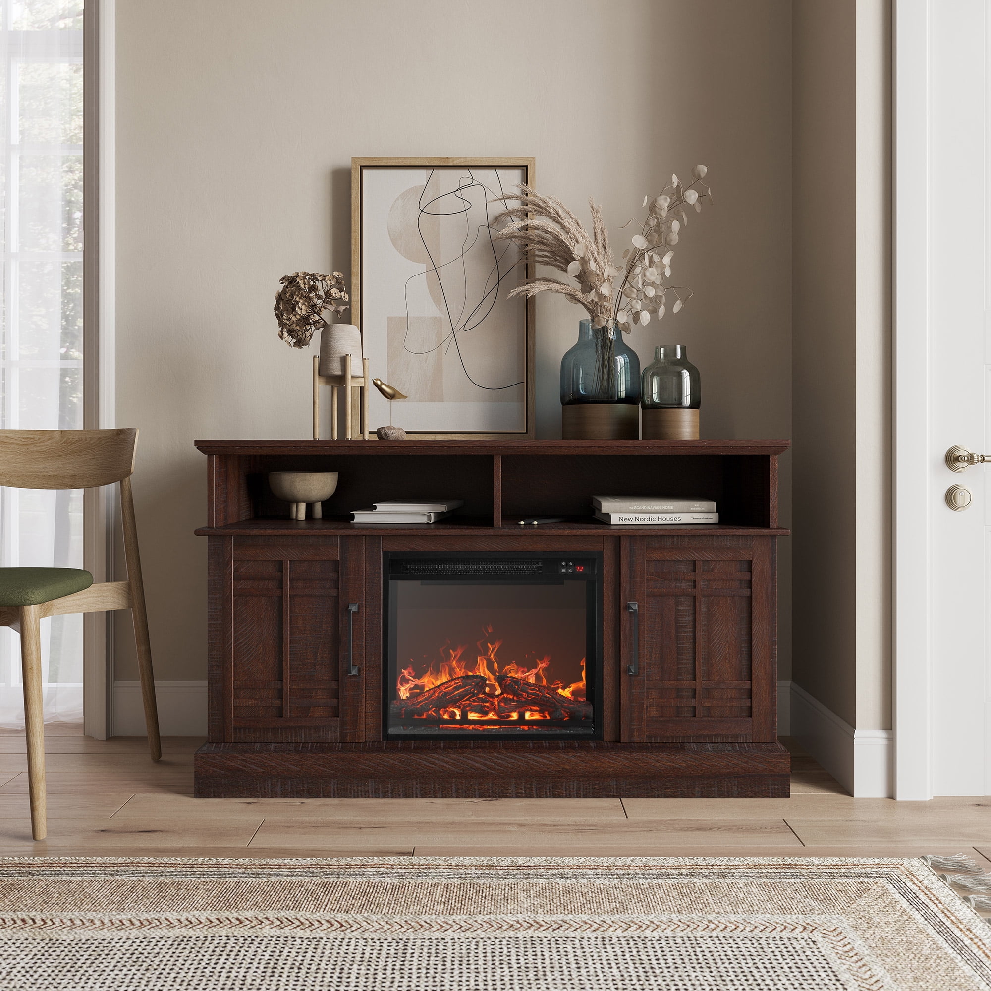 BELLEZE 47" TV Stand with 18" Electric Fireplace, Modern Electric