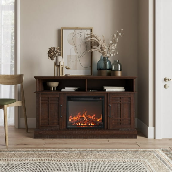 BELLEZE 47" TV Stand with 18" Electric Fireplace, Modern Electric Fireplace TV Stand for TVs up to 50 Inch, Entertainment Center with Storage - Norrell (Espresso)