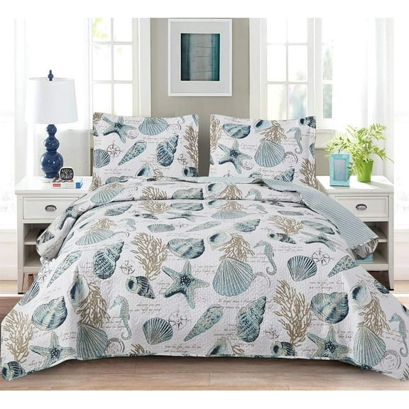 3Pcs Lightweight Coastal Quilts Starfish Seahorse Seaweed Printed Bedding Pillow Shams - Bedspreads Pack Seashell Conch Coverlet Sets Full/Queen Size