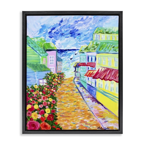 Stupell Industries Contemporary Vibrant Sea Village Black Floating Frame Canvas Art, 17 x 21, by Lee Ann Zirbes
