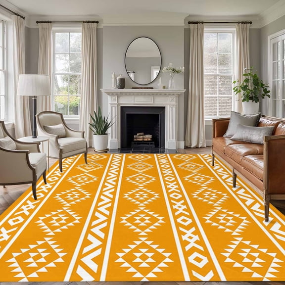 Yellow Boho Area Rugs 5'x7', Washable Small Throw Rugs for Laundry Room Playroom, Abstract Geometric Bohemia Ethnic Striped Indoor Outdoor Rug Non-Slip Low Pile Carpet Runner Reversible Floor Mats