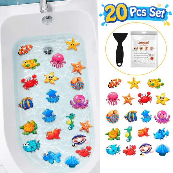 Anti Slip Shower Stickers, Bathtub Stickers, Baby Shower Stickers, 20 Pack Cartoon Sea Creature Non-Slip Bathtub Floor Decals with Silicone Installation Scraper for Kids Adult Bathroom Tub Safety