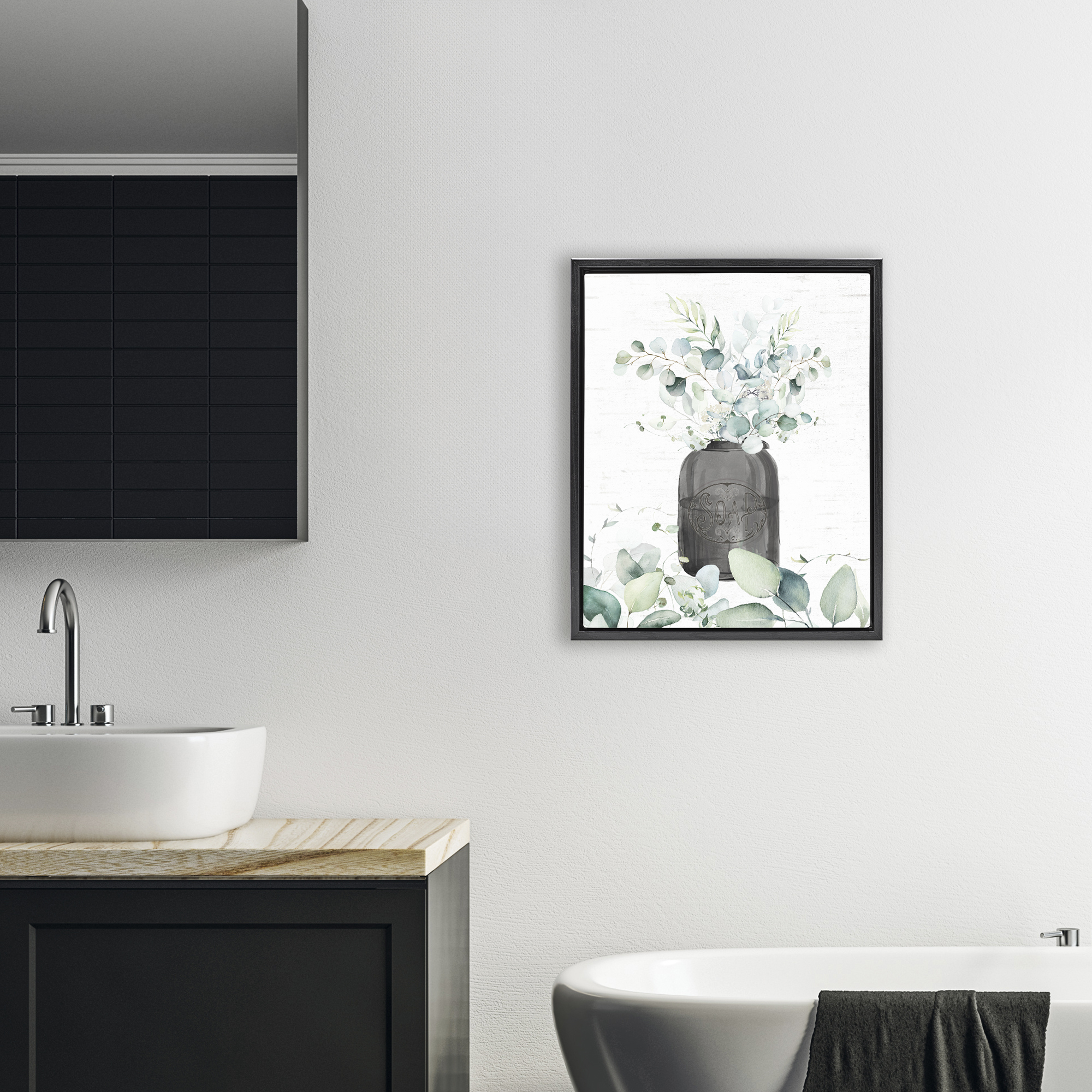Soap Jar & Eucalyptus Black Framed Floater Canvas Wall Art, design by Lettered and Lined