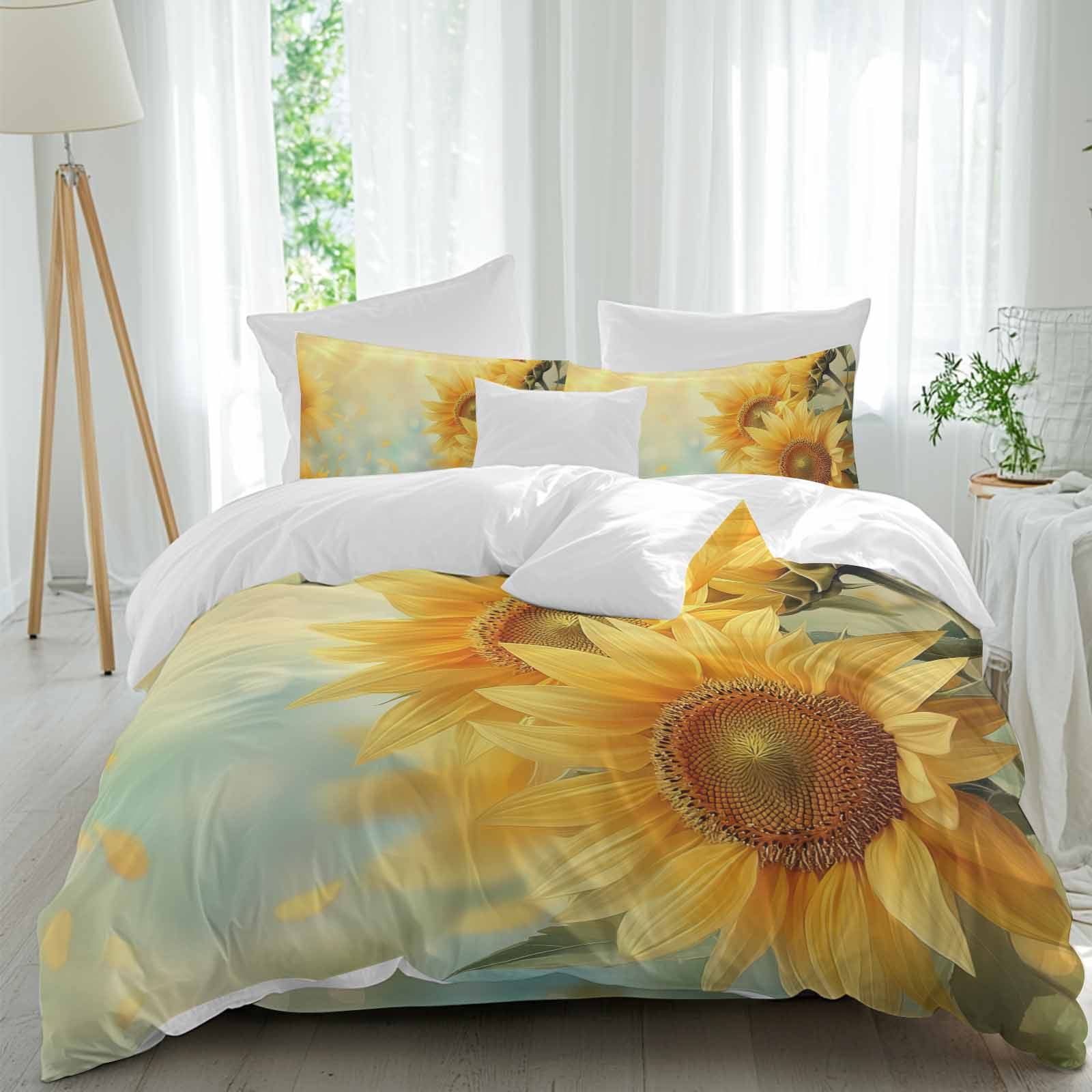 Sunflower Duvet Cover Set, Yellow Spring Floral Botanical Soft Duvet Cover Full Size Bedding Set 4 Pieces, 1 Quiltcover and 2 Pillowcases with Zipper, 1 Bed Sheet for All Seasons