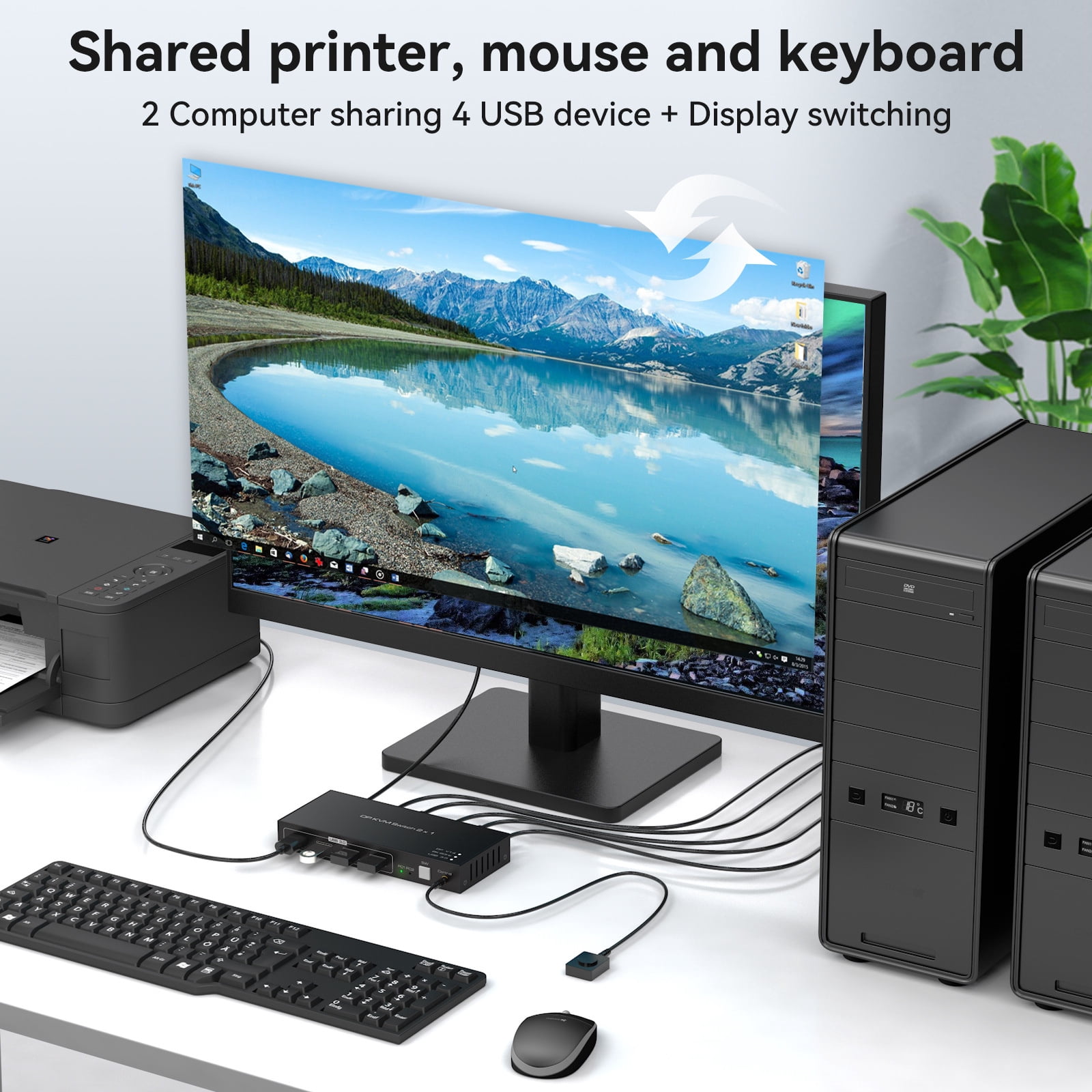 JIAHAOO 2x1 DP KVM Switch 8K 60Hz 4K 120Hz USB3.0 for 2 Computers 1 Monitor Control with Extended Cable Support for Windows MAC