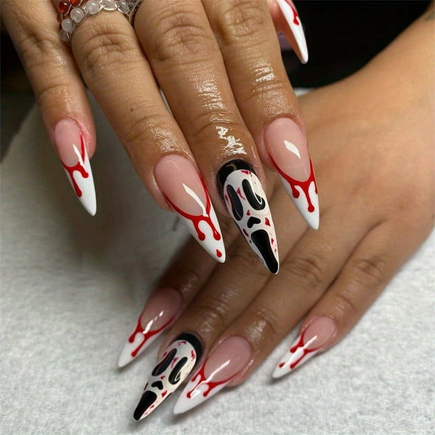 24pcs Glossy Red Blood Press On Nails - Scary Ghost Design for Halloween and Christmas - Full Cover Long Stiletto False Nails for Women and Girls