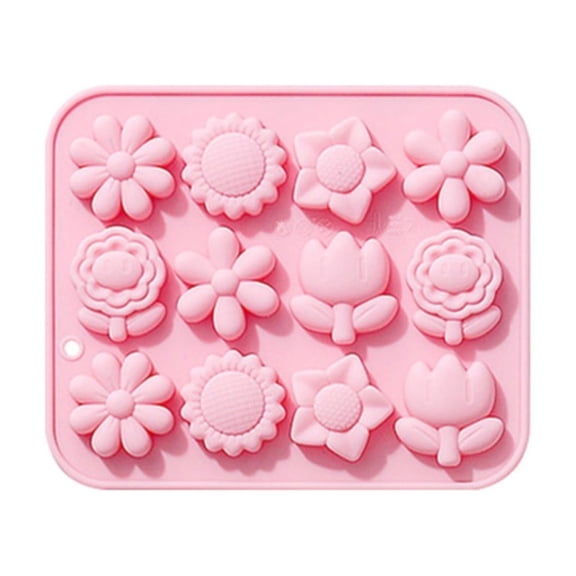 Flower-Shaped Silicone Baking Mold - 12-Cavity Non-Stick Tray for Fondant, Cake, and Chocolate - Pink