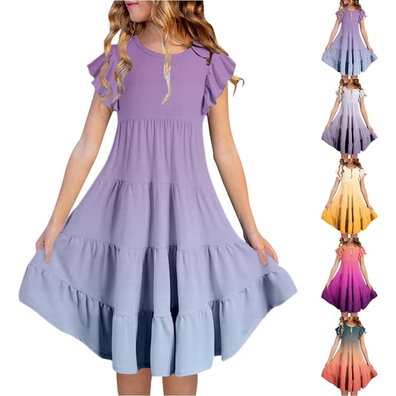 Gunia Summer Dresses For Teen Girls Gradient Color Round Neck Flutter Sleeve Tiered A Line Casual Kids Toddler Birthday Party For Holiday Beach Purple Dress For Girls 6-15 Years