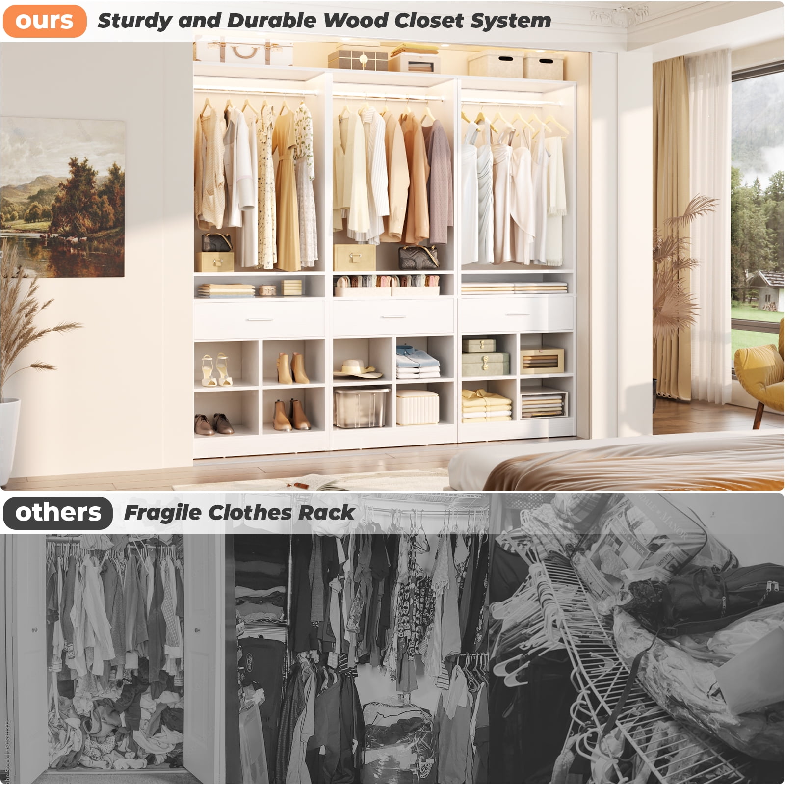 Homieasy 2-Pack Freestanding Closet System with 2 Wood Drawers & 8 Cubby Storage, Double Garment Rack Organizer ,50''W x 80''H, for Walk-In Closets,White
