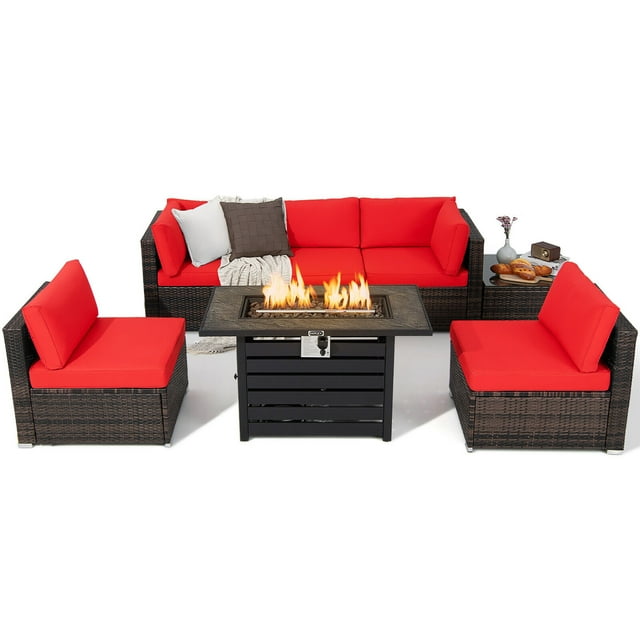 Gymax Ensemble de Mobilier de Patio en Rotin 7 Pcs Table à Foyer 42 Pieds' avec Housse Coussiné Rouge