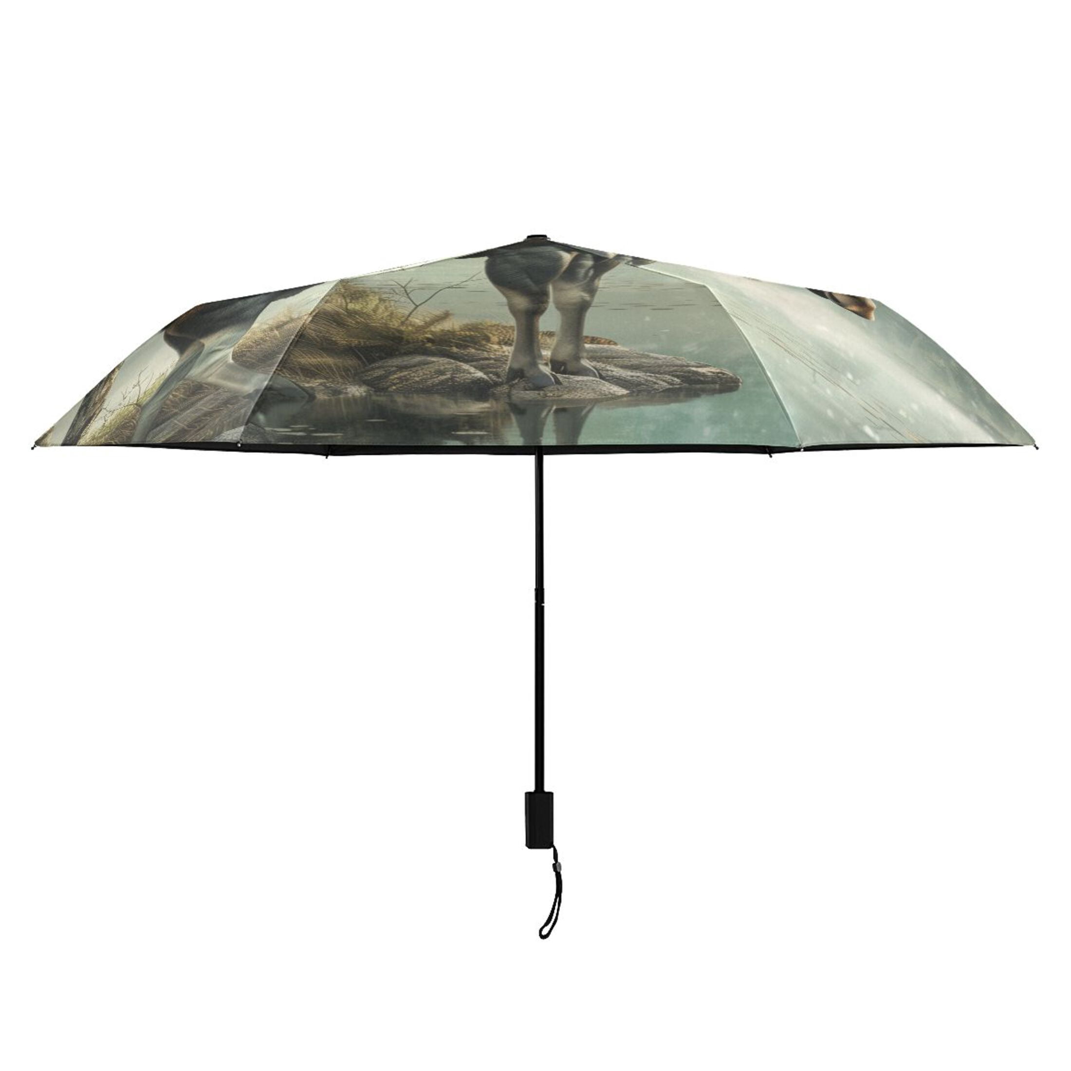 Compact Sun Umbrella Windproof Travel Umbrellas for Rain Strong Portable UV Protection Moose on Misty Lake