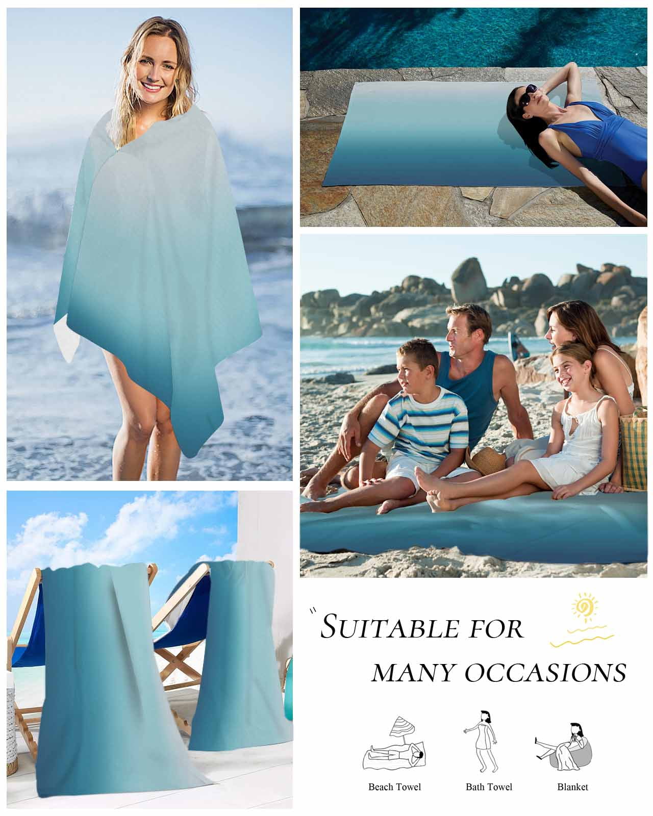 Navy Blue Ombre Beach Towels Oversized Super Absorbent, Teal White Gradient Modern Abstract Art Lightweight Bath Towel Quick Dry Sets For Bathroom/Pool/Rv Camping/Beach Play/Gym Room/Picnic 35"x70"