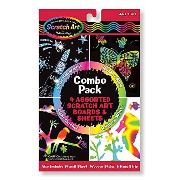 Melissa & Doug Scratch Art Magic Combo Pack With 4 Scratch Art Boards, Wooden Stylus, Stencil Sheet