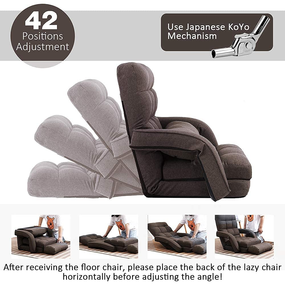 14-Position Adjustable Floor Chair, Chaise Lounge Indoor, Folding Lazy Sofa with Armrests and a Pillow Padded Adults Gaming Chairs for Living Room, Bedroom