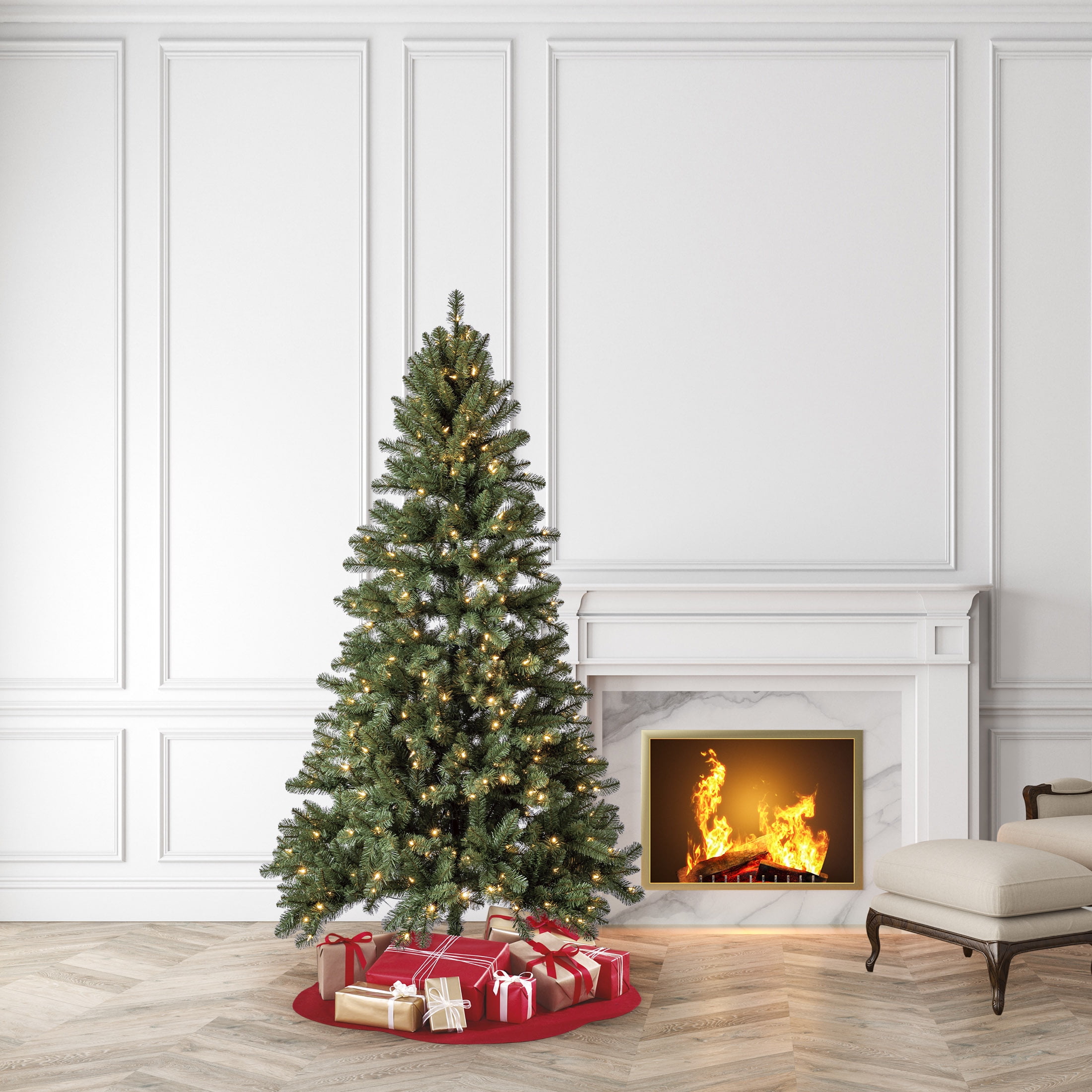 7’ Pre-Lit Duncan Fir Artificial Christmas Tree, Color-Changing LED Lights with Quick Set, by Holiday Time