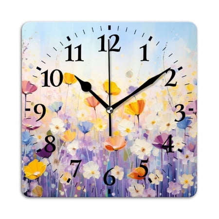 Square Wall Clock,Beautiful Spring Meadow With Colorful Wildflowers,Silent Non-Ticking Wall Clock Decor for Home Office Kitchen Living Room Bedroom(10inch)