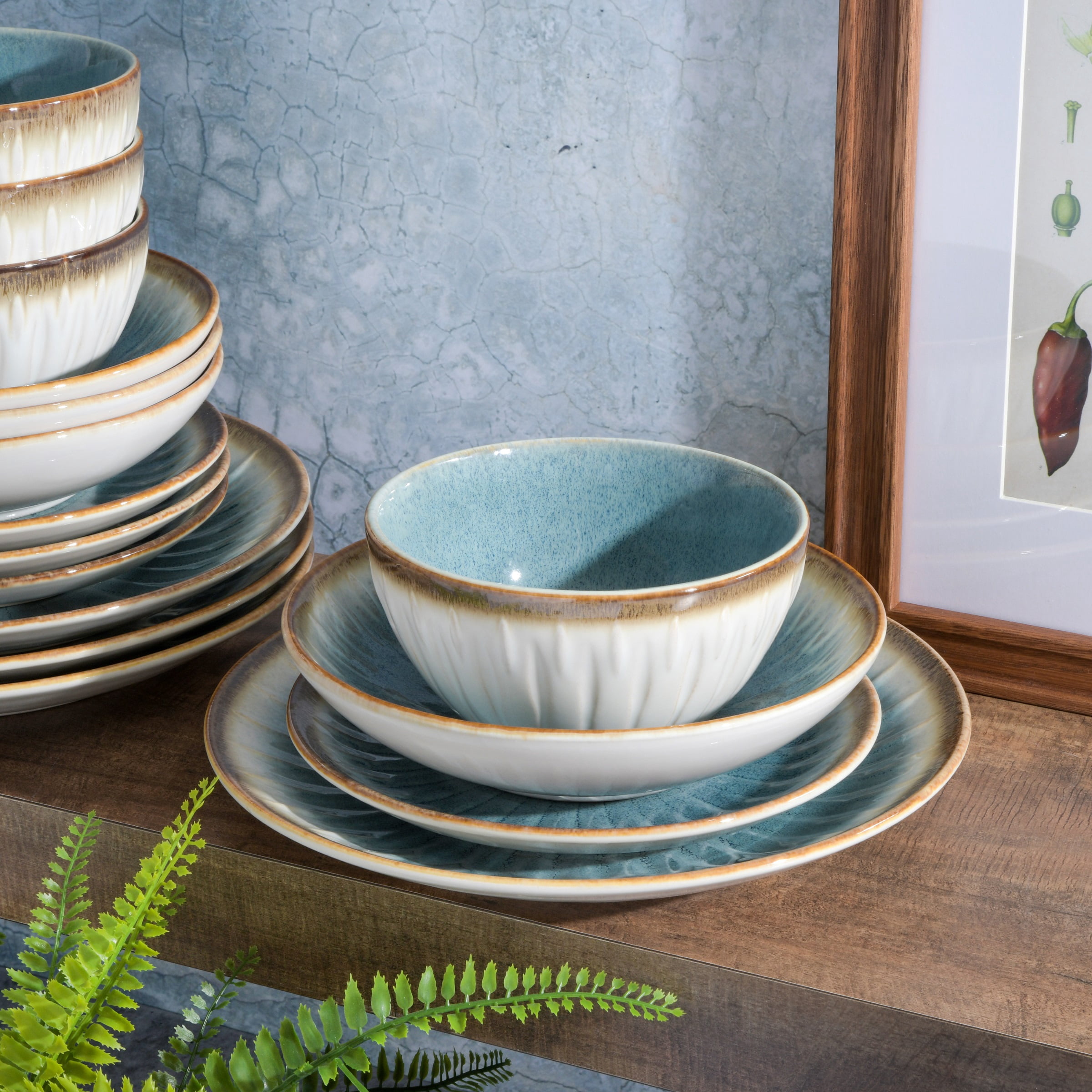 Gibson Elite Mayfair Bay 16 Piece Double Bowl Embossed Reactive Dinnerware – Blue