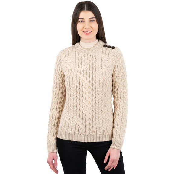 SAOL 100% Merino Wool Aran Women's Irish Cable Knit Sweater Fisherman Side Button Fit Pullover Made in Ireland
