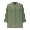 thumbnail image 3 of Fesfesfes Women's Loose Tee Summer Casual Solid Color 3/4 Roll-Up Sleeves V-Neck Button-Down T-shirt Outdoor Trendy Linen Blouses(Green,S), 3 of 5