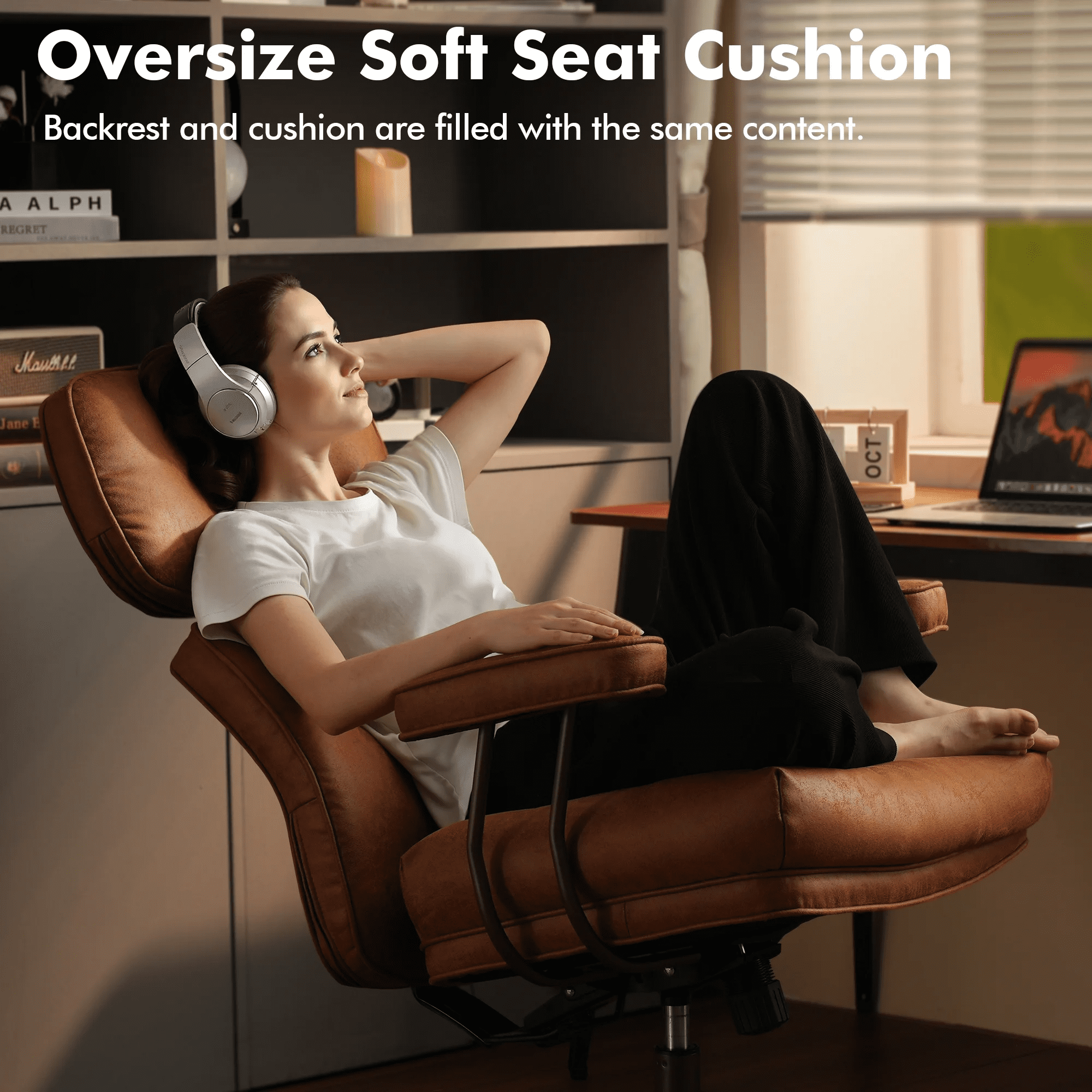 Vcatnet Ergonomic Executive Office Chair, High Back Computer Chair with Lumbar Support, Suede Leather Mid-Century Modern Adjustable Home Office Desk Chair, Brown
