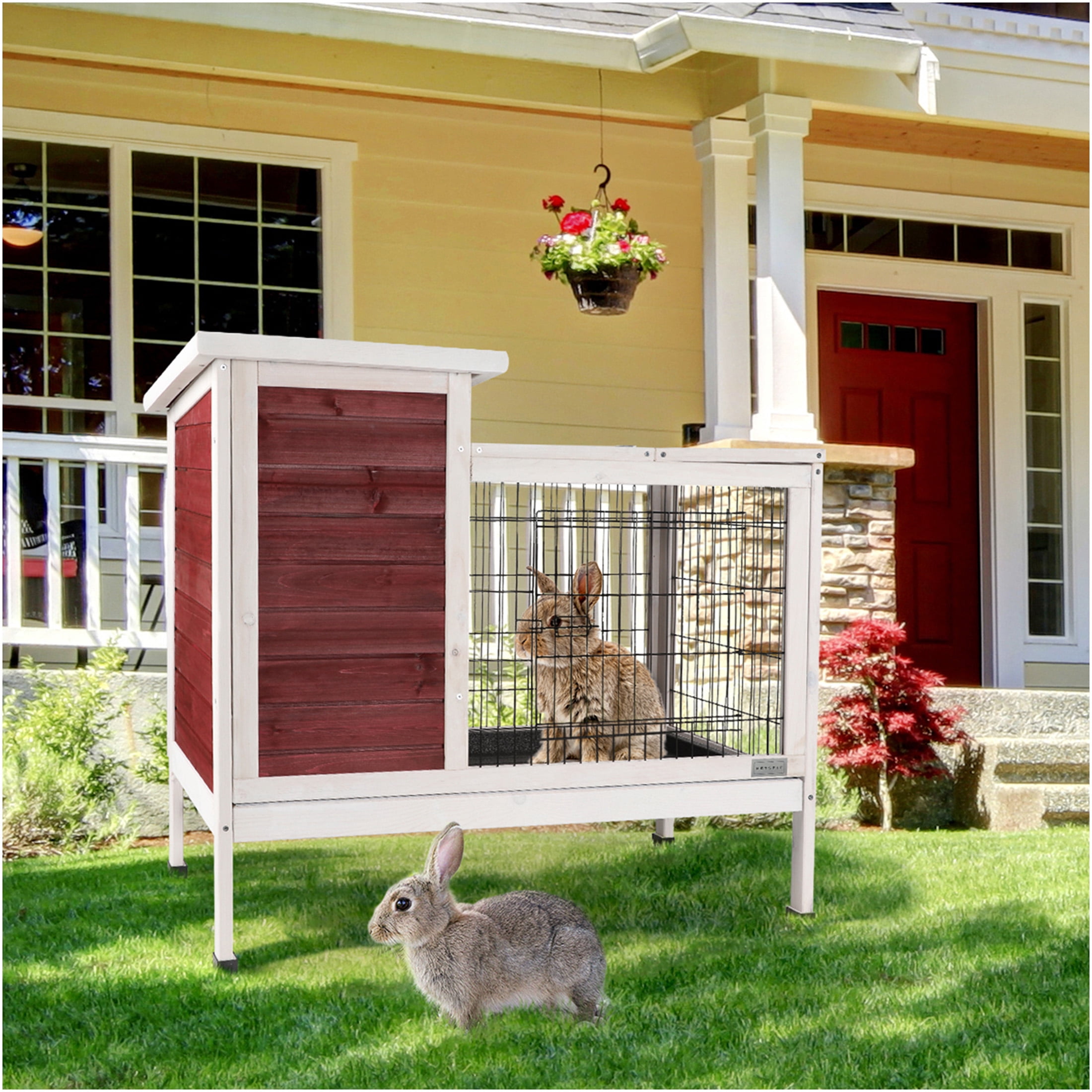 JERFIT 2-Story Rabbit Hutch with Outdoor Run, Leak-Proof Tray & Waterproof Roof - Solid Wood Cage for Rabbits, Guinea Pigs, Ferrets