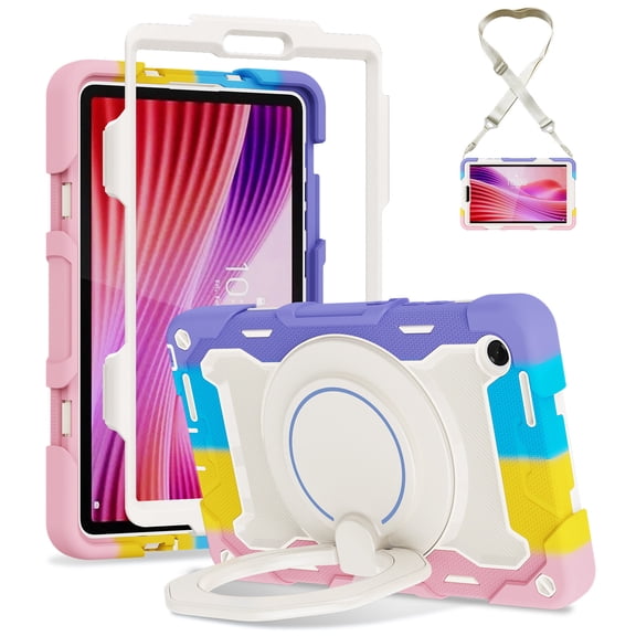 FJLBDE Case for Lenovo Tab One / K9 8.7 Inch 2025 with 360 Kickstand, Shoulder Strap Carrying Protective Cover, Multicolor Pink