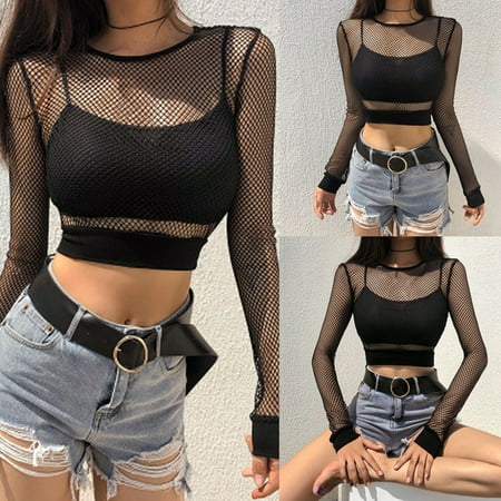 Sexy Long Sleeve Fishnet - Women Girl Ladies Sexy Long Sleeve See Through Mesh Fishnet Crop Top T-Shirt Set Black S