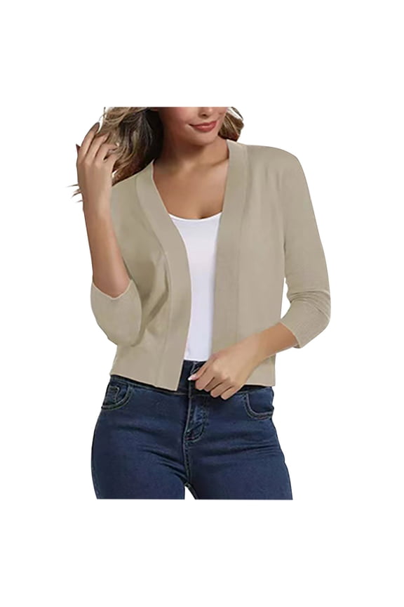 3/4 Sleeve Ribbed Cardigan for Women - Solid Color Open Front Crop Jackets Sweater Cardigans Outerwear Shrugs (M, Beige)