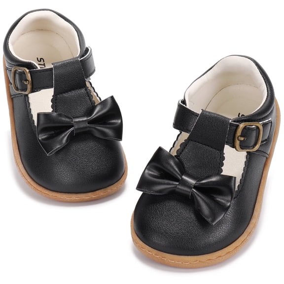 TEAHOO X STQ KIDS Girls Mary Jane Shoes Wide Toe Box Toddler Girl Shoe for School Uniform Church Hallowee Cute T-Strap Dress Flats with Bow Black Toddler Size 8