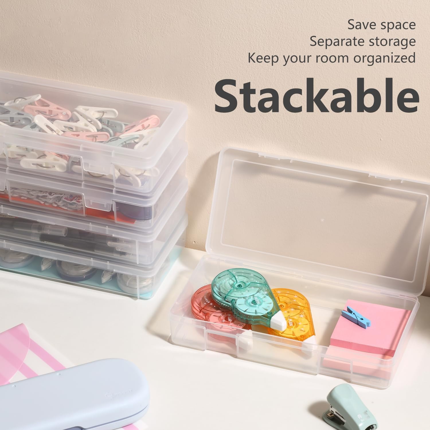 Novelinks 9 Pack Medium Stackable Plastic Storage Box Containers Clear Hobby Art Craft Organizer Rectangle Box for Pencil Box Crayon Beads Jewelry, Clear
