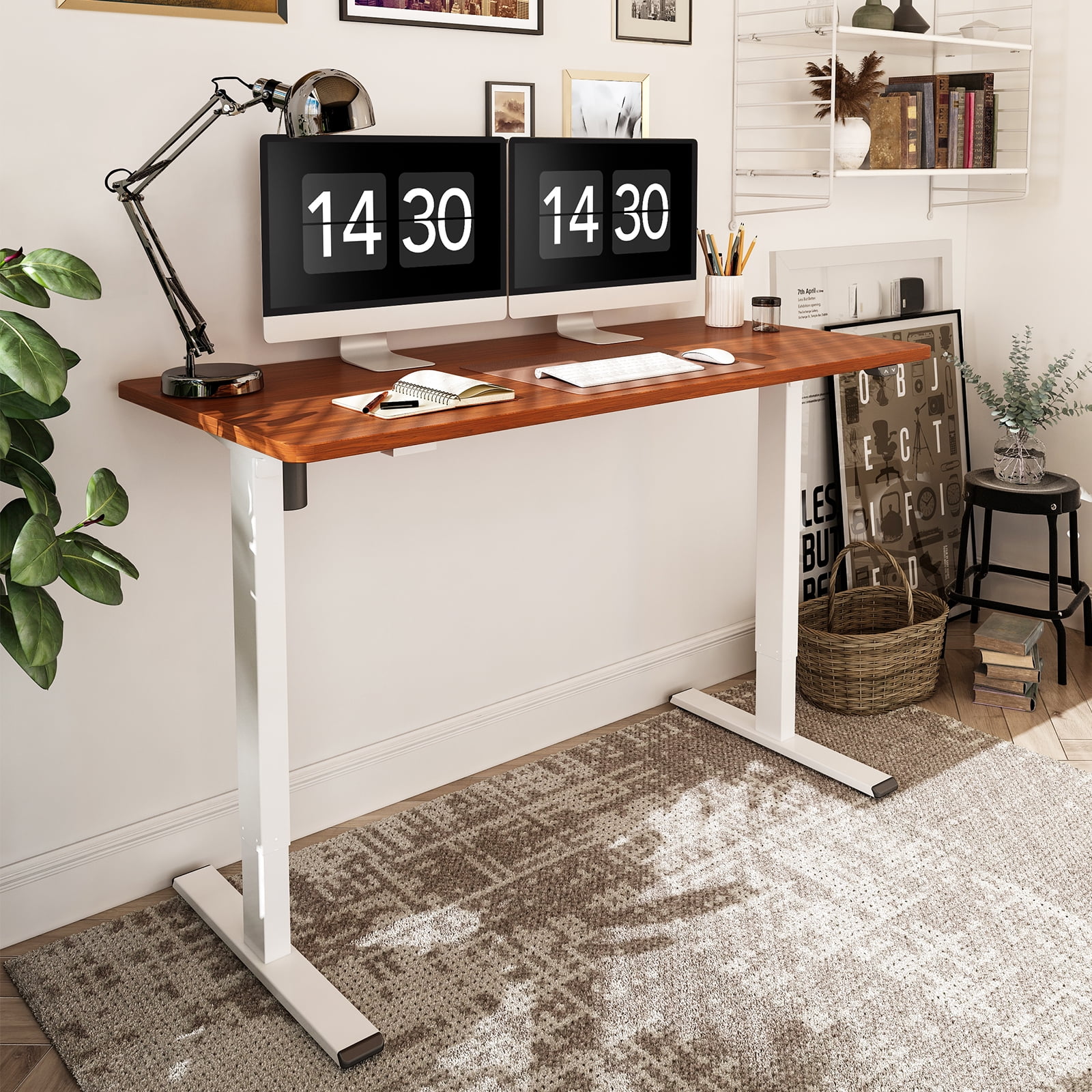 Gray Frame +55 inch Mahogany Top FlexiSpot E1S-R5528N Electric Height Adjustable Desk Home Office Standing Desk 