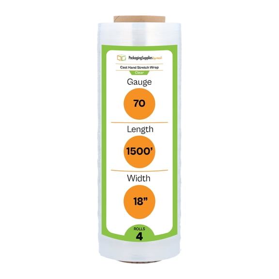 PSBM Hand Stretch Wrap 18" x 1500' 4 Rolls 70 Gauge Clear Shrink Film/Wrap, Heavy Duty Industrial Strength Up to 800% Ultimate Stretch, Clear Plastic Wrap for Moving, Packing, Shipping & Storage