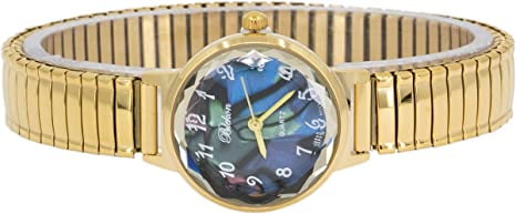 Blekon Collections Women's 25mm Analog Display Case Cut Crystal Mother of Pearl Dial Slim Metal Stretch Expansion Band Ladies Wrist Watch