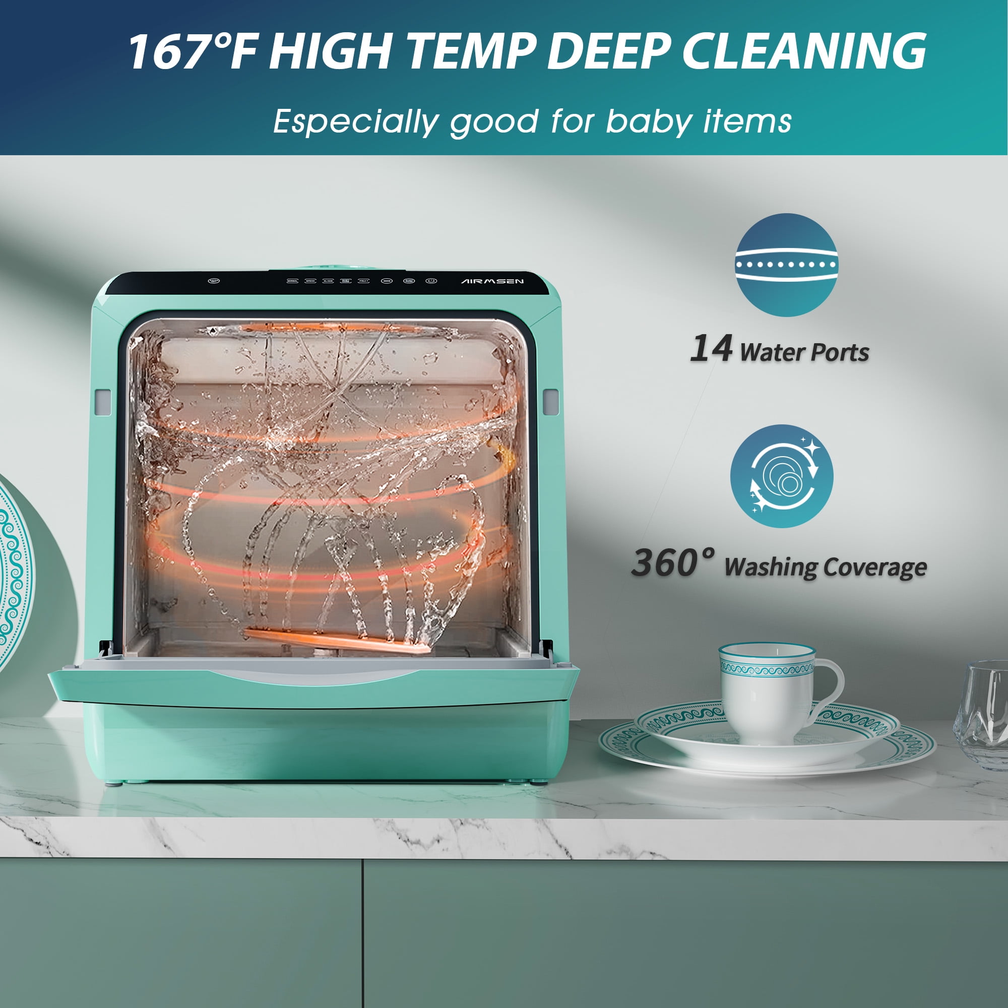 AIRMSEN Portable Countertop Dishwasher with 5-Liter Built-in Water Tank and Air-Dry Function, 5 Washing Programs Mini Dishwasher, Mint Green
