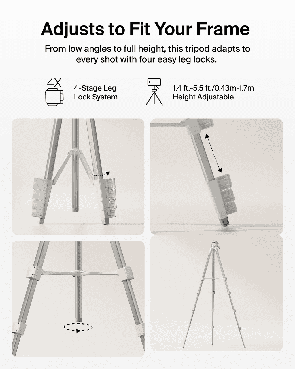 Stage Tripod for iPhone, Android, Camera, Lightweight Travel Stand with Sand Finish, Sturdy Portable Design for Video Recording, Photography, YouTube, Vlogging and Content Creation