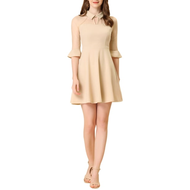 Vestido de fiesta mini A-Line con malla transparente y mangas 3/4, escote en forma de llave, color beige para mujeres Inspire Chic