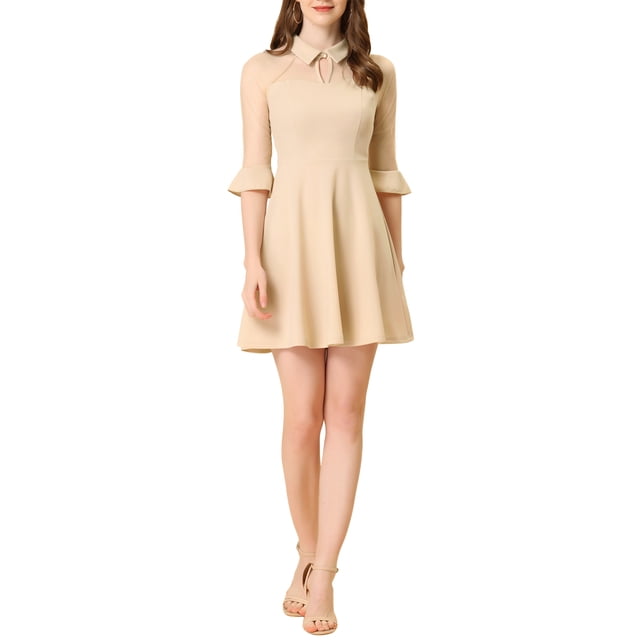 INSPIRE CHIC Robe pour Femme en Maille Transparente Manches 3/4 Goutte d'Eau Ligne A Robe Courte de Soirée S Beige