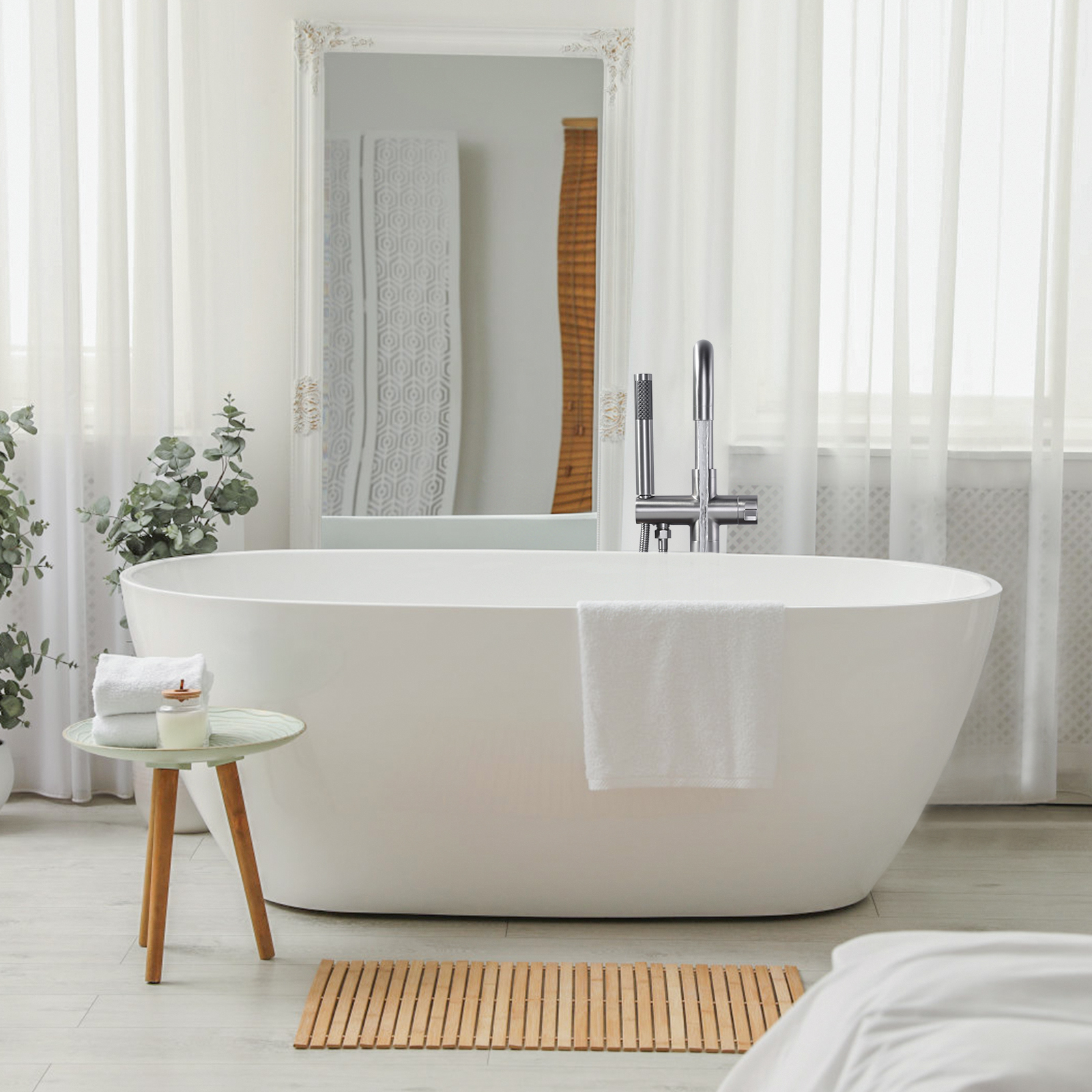 Wowow Single-Handle Freestanding Tub Faucet Floor Mount Bathtub Filler with Hand Shower in Brushed Nickel