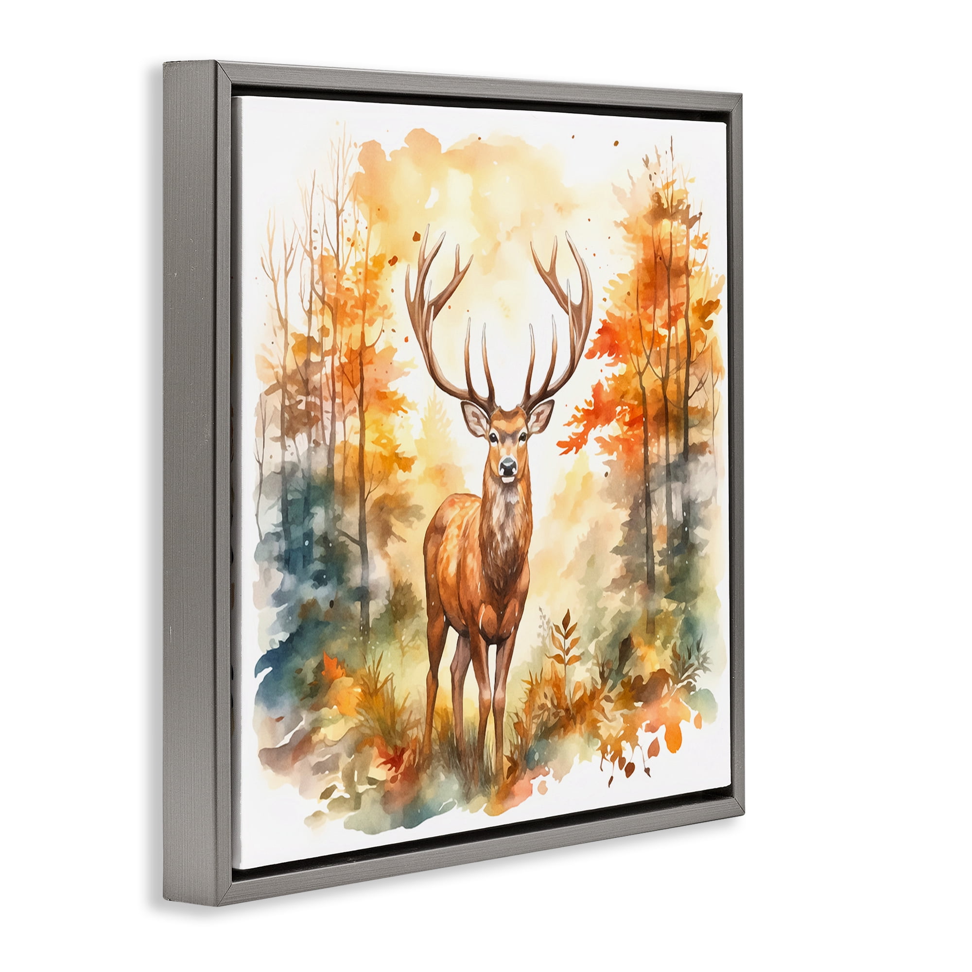 Stupell Industries Autumn Forest Stag Landscape Painting Gray Floater Framed Canvas Art Print Wall Art, 18 x 18