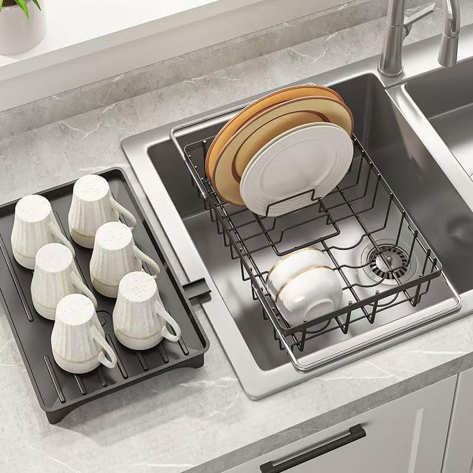 Expandable Dish Drying Rack- Space-Saving Dish Rack, Dish Drainers for Kitchen Counter with a Cutlery Holder, Over The Sink Dish Racks Fit for 14’’-19’’ Kitchen Sink