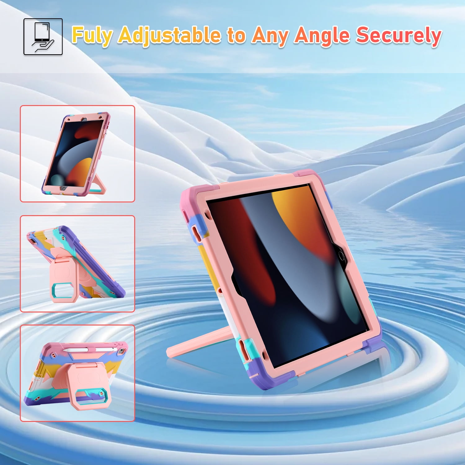 Allytechgroup Heavy Duty Shockproof Case Cover for Apple iPad 9th 8th 7th Generation, Ultimate Protection with Handle Stand, Shoulder Strap, and Pencil Holder Kids Friendly, Colorful