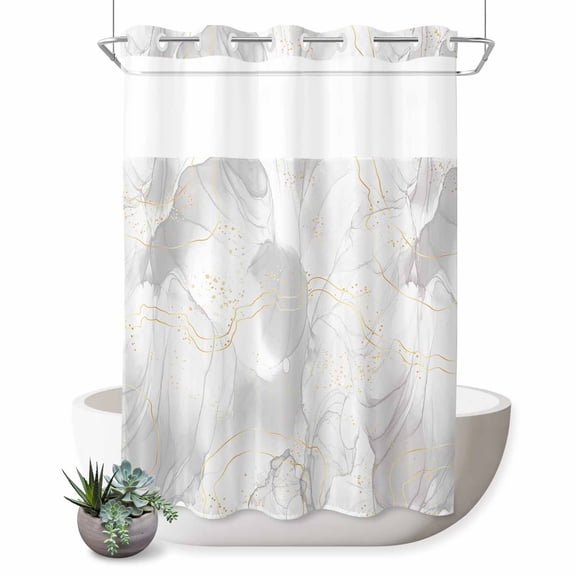 No Hook Shower Curtain with Built-in Rings - Grey Abstract Marble Texture Washable Waterproof Fabric Bathroom Curtains for Hotel,Rentals, 72 X 84 Inch Extra Long , Modern Gold Line White