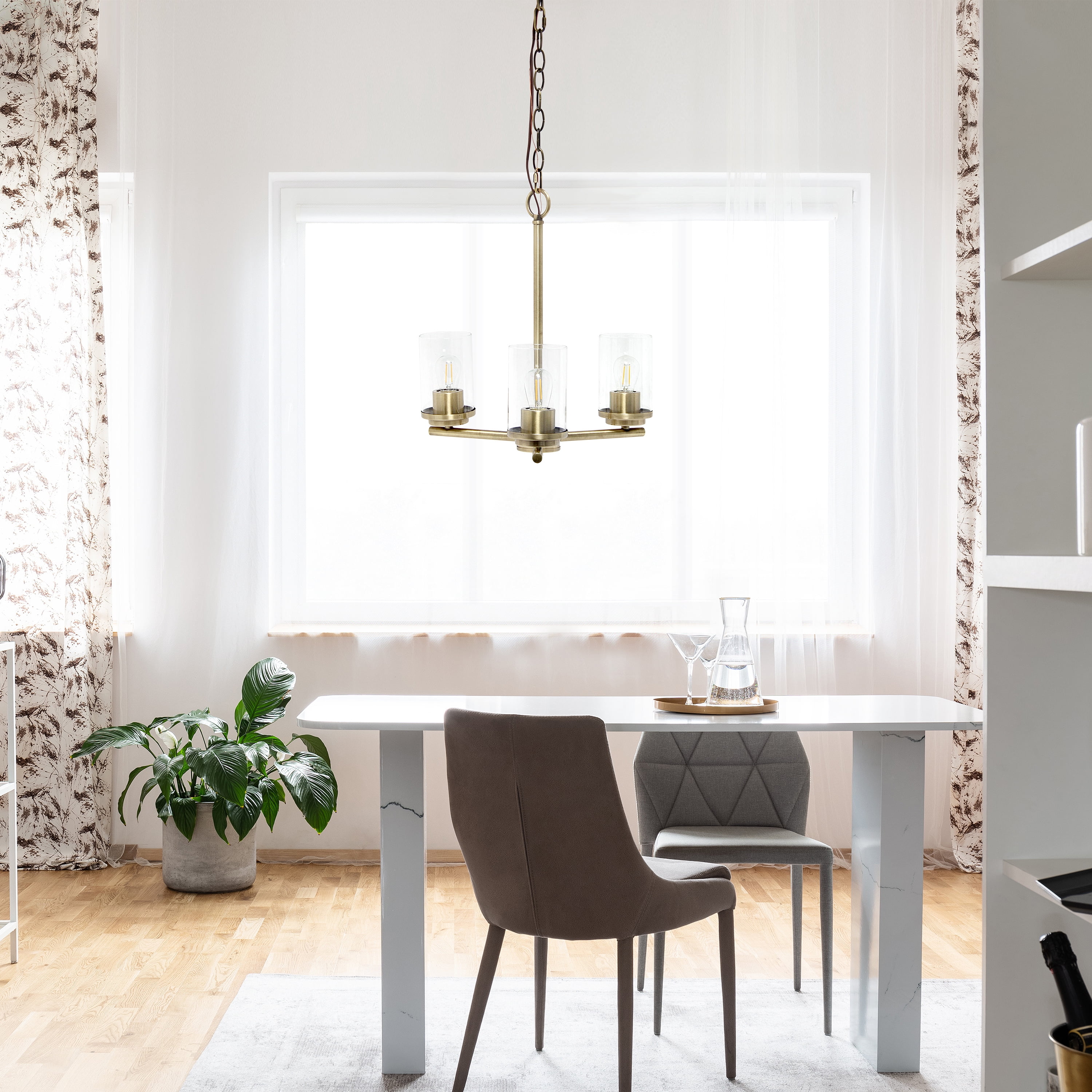 Lalia Home 3-Light 15" Clear Glass And Metal Hanging Pendant Chandelier, Antique Brass