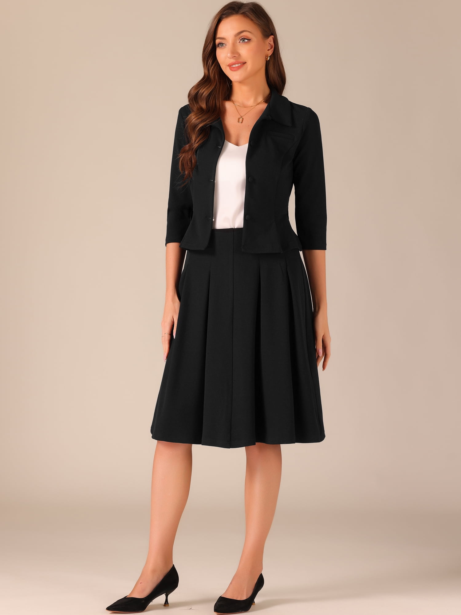 DARING DIVA Women's 2 Pcs Long Sleeve Jacket Pleated Skirt Suit Sets L Black