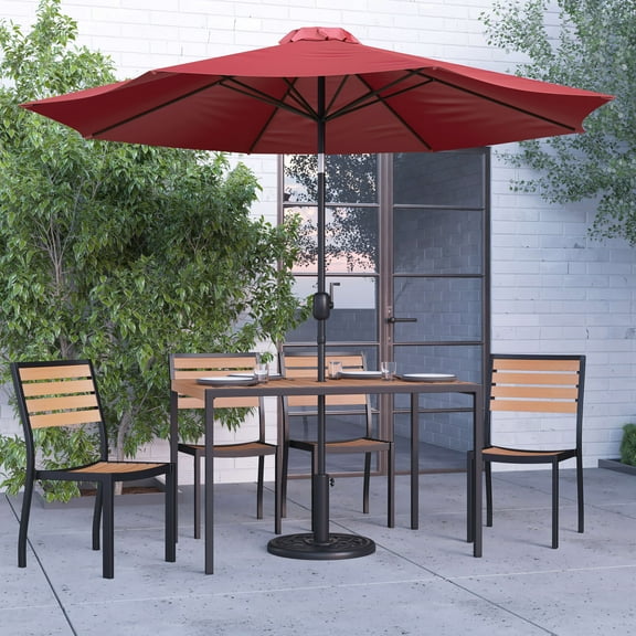 Merrick Lane 7 Piece Outdoor Faux Teak Poly Slat Outdoor Furniture Set - 30" x 48" Table, 4 Chairs and Red Patio Umbrella and Base