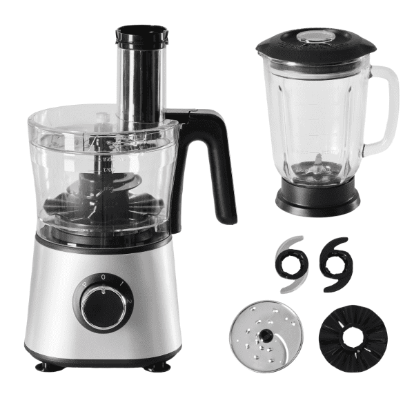 Plum Chef 6-Cup Food Processor Blender Combo, 1.5L Glass Jar Electric Food Chopper with 8 Attachments for Slicing, Dough, and Mincing, 2 Speeds & Pulse, Silver