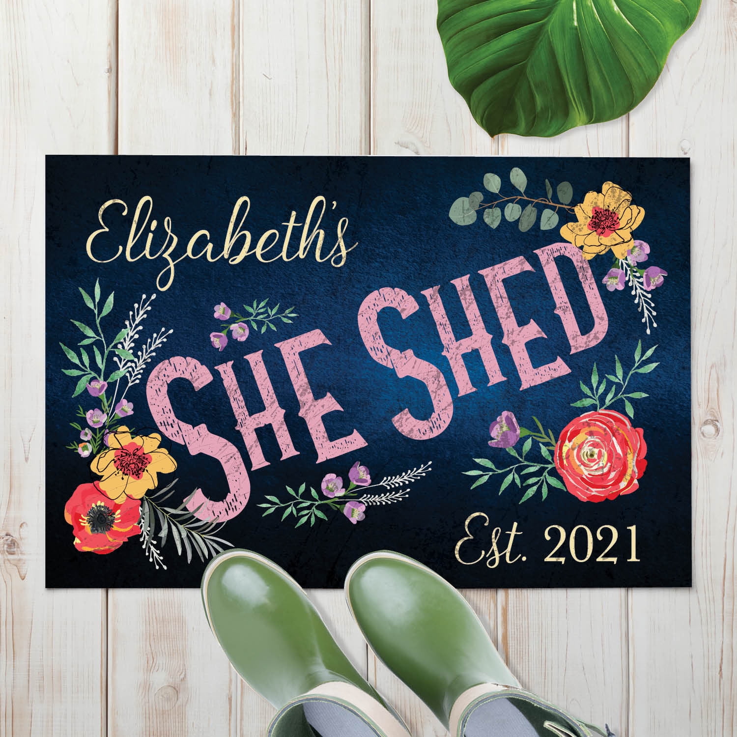 Personalized Planet 27x18 She Shed Doormat with Custom Personalization Printed on Black Rectangular 1/4” Thick Non Slip Mat for Work Area or Babe Cave